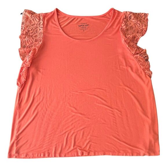 TORRID SUPER SOFT KNITS WOMENS GEORGETTE LACE BUTTERFLY SLEEVE CORAL BLOUSE SIZE - Picture 5 of 11